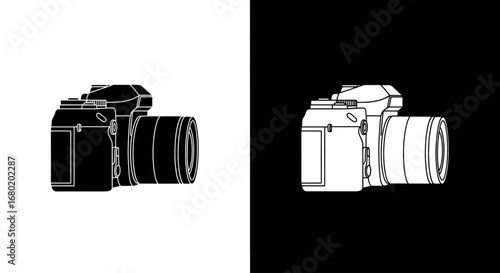 A professional DSLR or mirrorless camera, a black and white icon for photography, videography, and professional imaging equipment.
