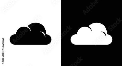 A simple cloud icon, a black and white split design representing cloud computing, online data storage, and network services.
