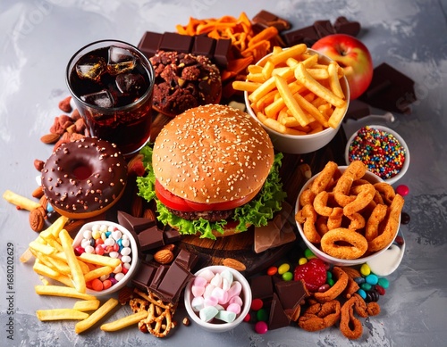 A tempting assortment of unhealthy fast food, sugary drinks, and processed snacks representing poor dietary choices and modern diet challenges