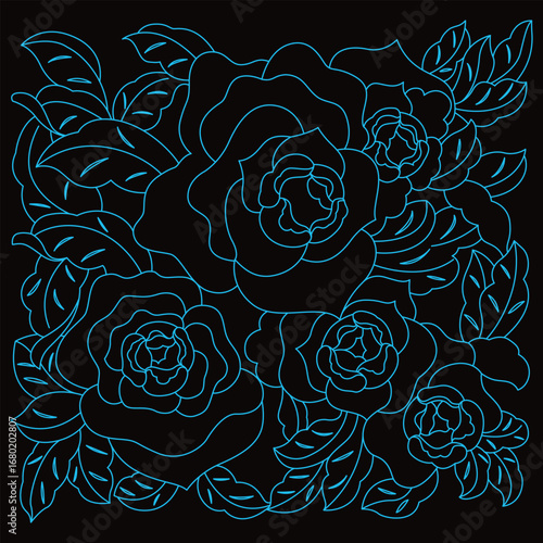 Beautiful blue line art of many roses and leaves on a black ground.