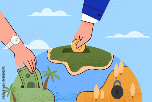 Hands place coin and cash into different regions of a globe, symbolizing funding distribution, economy, climate impact, risk, and security.