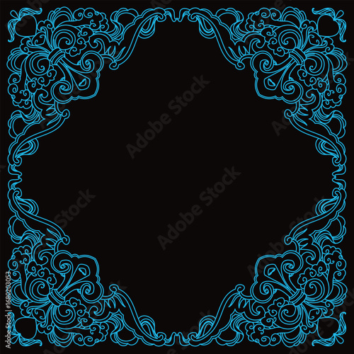 Symmetrical blue ornate border with elegant flowing scrollwork and abstract design.