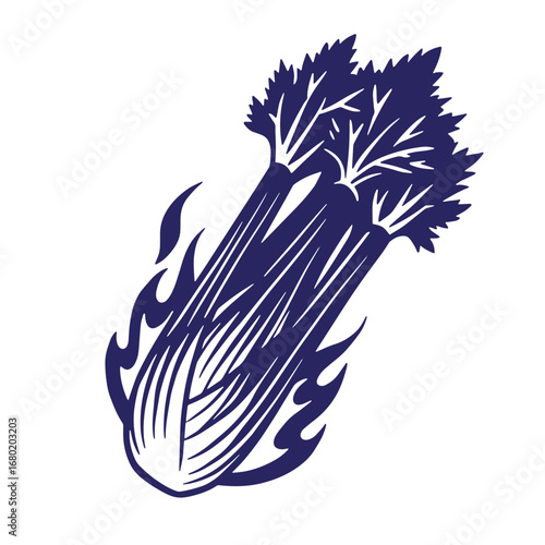 Stylized vector illustration of fresh celery stalk with leaves on a clean white background