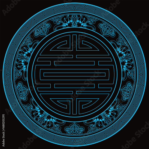 An illuminated blue abstract design stands out within an ornate round border.