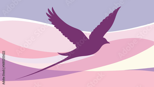 Graceful silhouette of a bird soaring through softly colored abstract wavy landscape vector illustration
