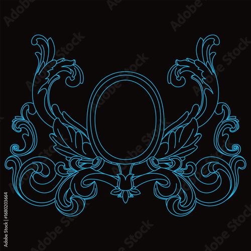 An ornate vintage oval frame features elaborate baroque design swirls and leaves.