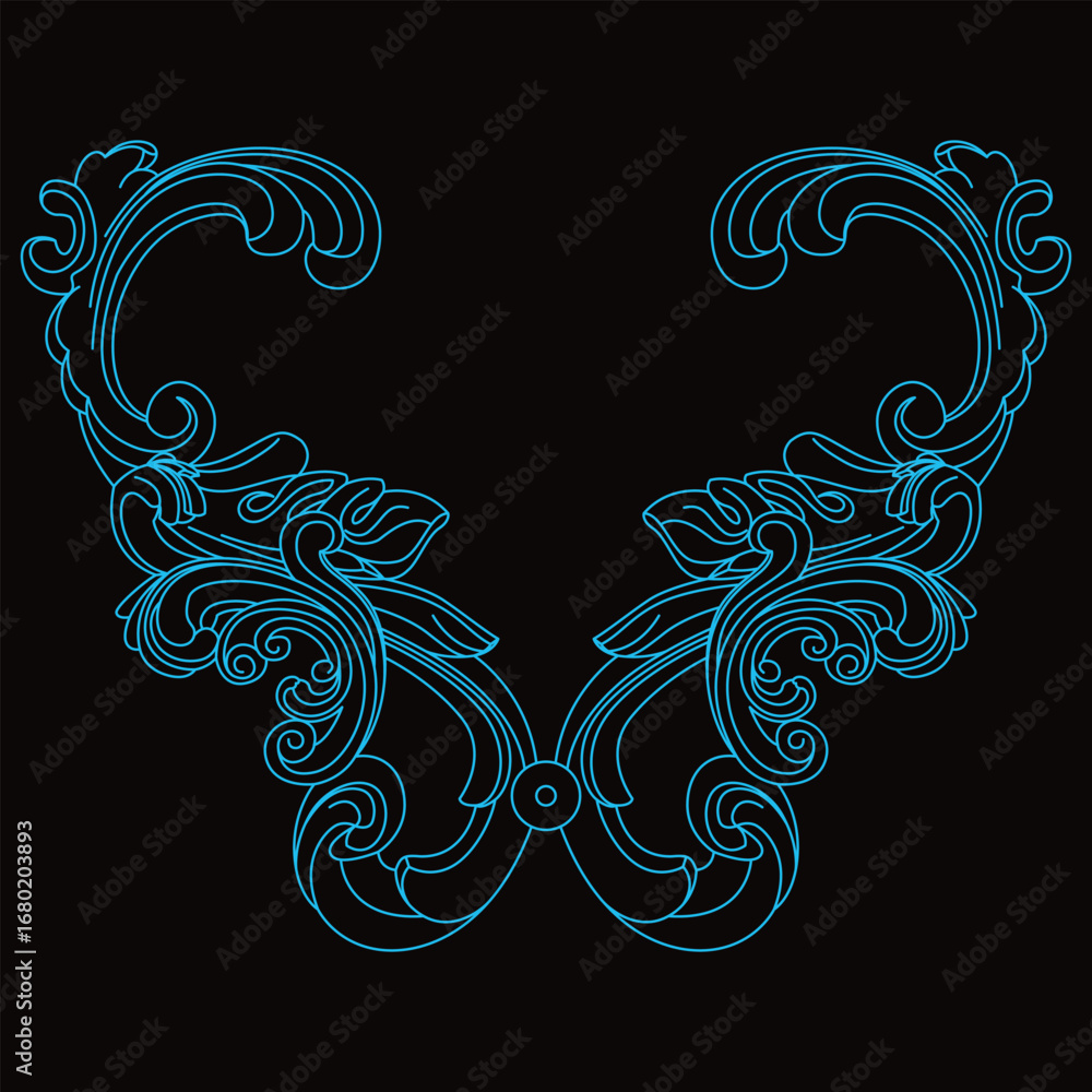 Fototapeta premium Elegant blue ornamental scrollwork creates a symmetrical classic flourish pattern.