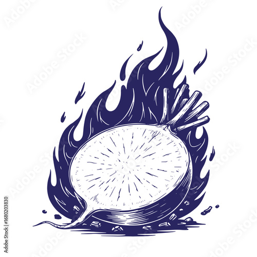 Vector illustration of a burning radish depicting fiery food and fresh vegetables