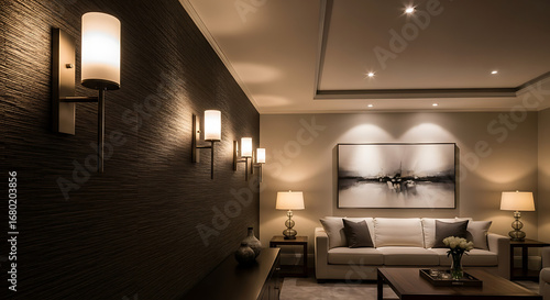 Elegant contemporary living room interior with warm ambient lighting from wall sconces and spotlights.