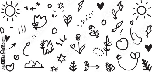 Hand Drawn Doodle Vector Seamless Pattern with Sun Flowers Hearts Stars Clouds and Arrows for Background Textile or Wrapping Paper