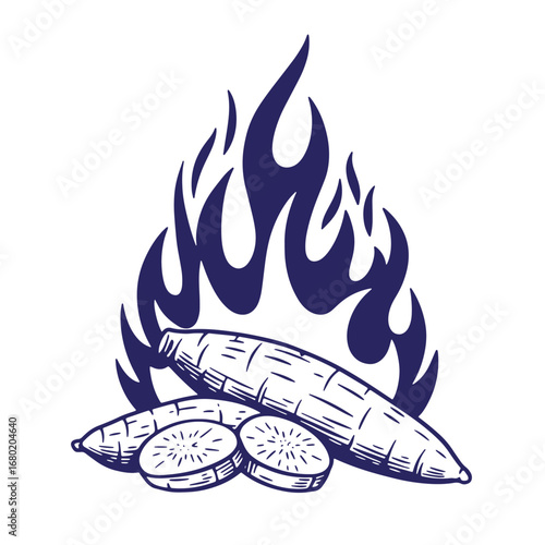 Vector illustration of cassava being cooked over fire with sliced portions on white background