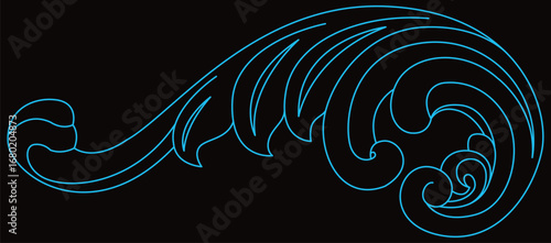 An ornate blue scroll pattern flows elegantly on a dark background.