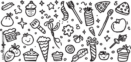 Hand Drawn Food and Dessert Doodle Collection Illustration of Culinary Delights and Sweet Treats Featuring Pizza Cupcakes and Starry Elements