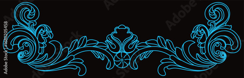 Symmetrical blue floral scroll pattern defines a beautiful decorative border.