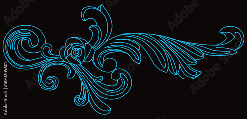 An elegant blue outline of a graceful rose and detailed leaves creates a classic scroll pattern.
