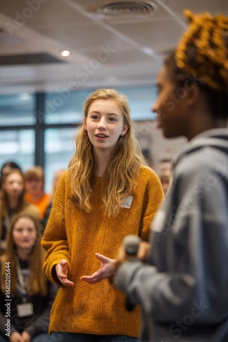 A nervous teen presenting their first project to mentors and peers The mentors offer support The mood feels vulnerable but uplifting, Generative AI