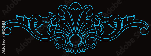 An ornate blue scroll design with intricate symmetrical flourishing details is displayed.