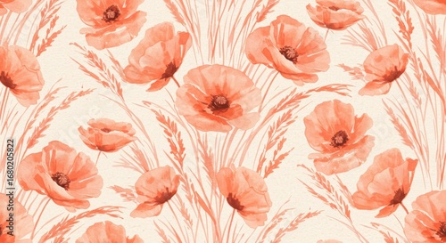 Watercolor Poppy and Wheat Pattern on Cream Background.