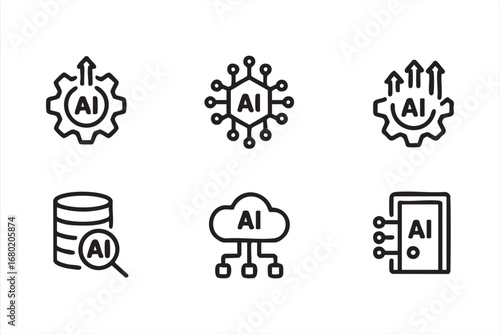 AI Technology Pictograms: Microchip, Cloud Computing, Nodes, Database
