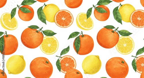Watercolor Citrus Fruit Pattern: Oranges Lemons and Leaves.