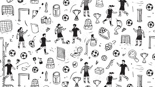 Hand Drawn Soccer Elements Seamless Pattern Background Sports Competition Championship Vector Illustration and Soccer Players in Black and White