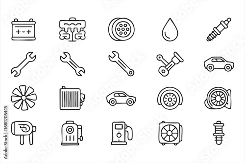 Automotive Parts Icon Set with Engine Tire Battery and Tools