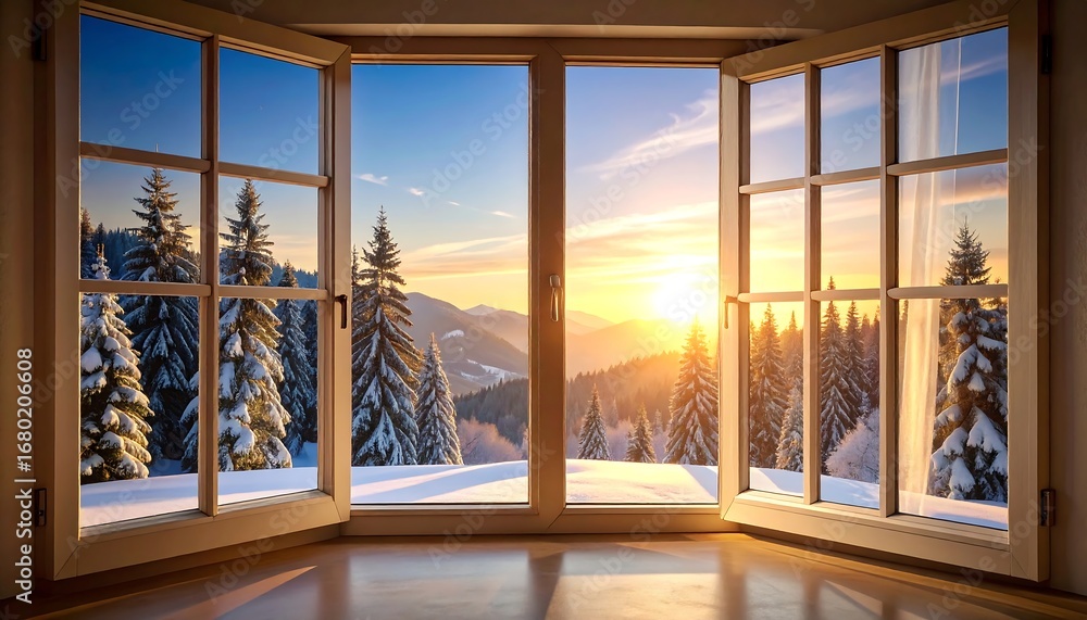 Fototapeta premium Mountain sunset viewed through open window, snow-covered pines