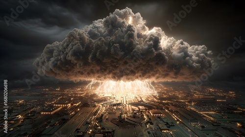 A massive storm cloud looming over a fragile circuit board, symbolizing technological vulnerability.