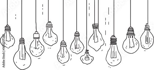 Hanging Light Bulbs in Doodle Style for Creative Idea Generation and Innovation Concepts Black and White Line Art