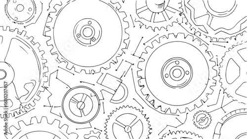 Intricate Gear System Blueprint Mechanical Design Illustration for Engineering and Manufacturing Projects showing complex components and interconnectivity detailed technical drawing