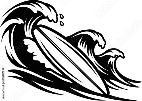 Surfboard Riding Through Crashing Waves in Black and White Illustration