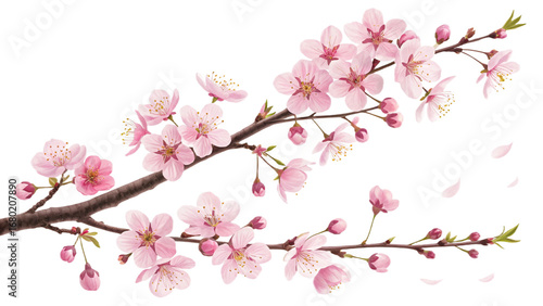 Watercolor Cherry Blossom Branch with Falling Petals on Black Background