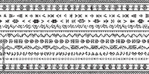 Monochrome Ethic Style Border Design with Hand Drawn Aztec Elements and Tribal Ornamentation for Textile and Fashion Design