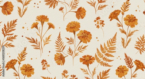 Watercolor Floral Pattern with Orange Flowers and Leaves.