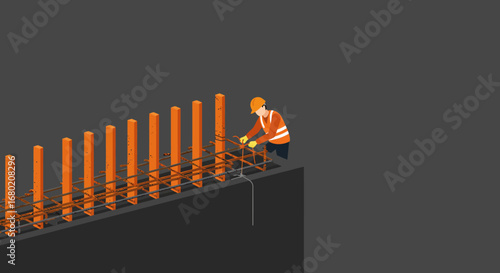 Construction Worker Assembling Rebar Structure with Safety Gear.