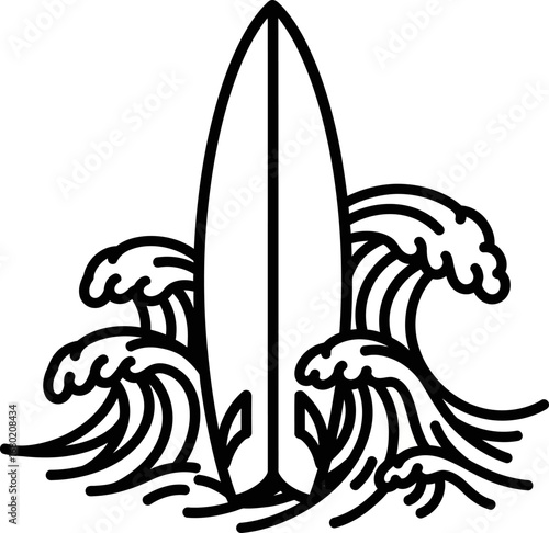 Surfboard and Waves Black and White Illustration