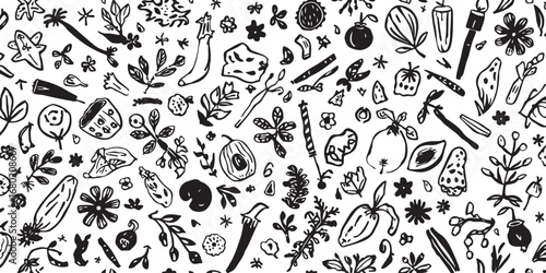 Monochrome Seamless Pattern of Hand Drawn Herbs Vegetables and Fruits Great for Backgrounds and Creative Design Projects