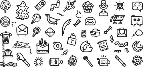 Playful Hand Drawn Seamless Pattern with Diverse Icons Black and White Background for Creative Projects and Designs