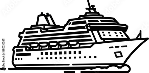 Black and White Line Art Cruise Ship Illustration