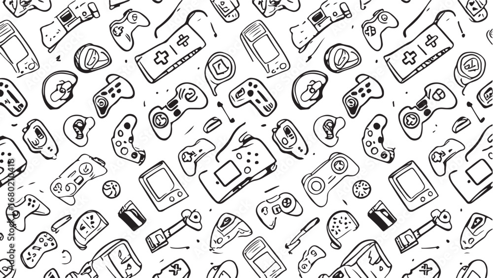 Retro Video Game Controller Doodle Pattern Background Illustration Featuring Classic Console Designs and Hand Drawn Style for Nostalgic Gaming Enthusiasts