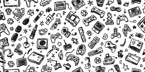 Retro Gaming Nostalgia Black and White Doodle Pattern Background with Game Consoles and Controllers Seamless Vector Illustration