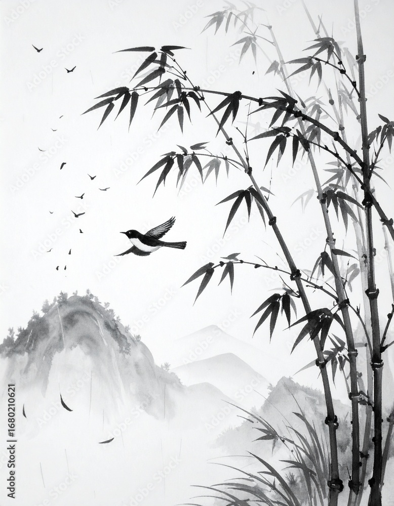 Obraz premium Ink wash painting depicting birds flying over a mountainous landscape with bamboo