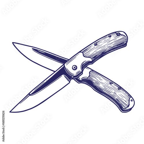 Crossed pocket knives vector illustration in detailed engraved style on white background