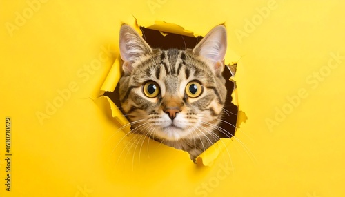 Tabby cat peering through a hole in yellow paper