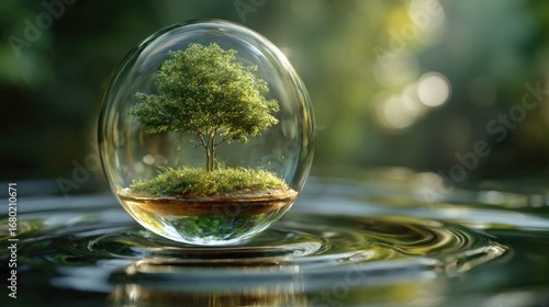 Wallpaper Mural A conceptual image of a small tree growing inside a bubble in water. The tree is lush green and surrounded by water drops, with nature's beauty and conservation Torontodigital.ca