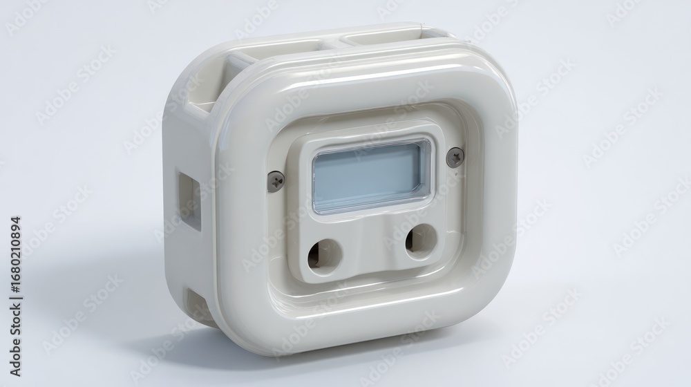 Fototapeta premium Glossy off-white rounded cube with a small LCD screen on a light background