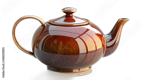 Elegant Brown Wood Teapot with Golden Accents Isolated on Black Background