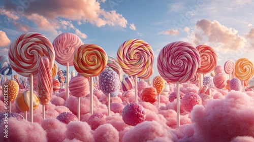 A whimsical candy landscape filled with giant colorful lollipops. A dream-like world of sweets, cotton candy clouds under a blue sky.