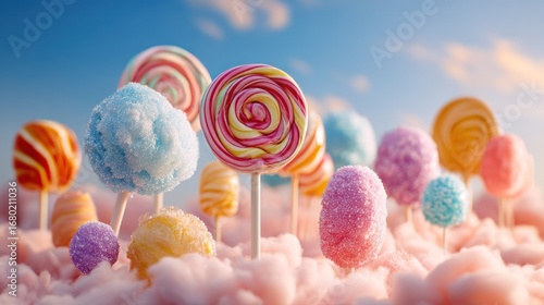 A colorful fantasy of lollipops and cotton candy with blue sky background