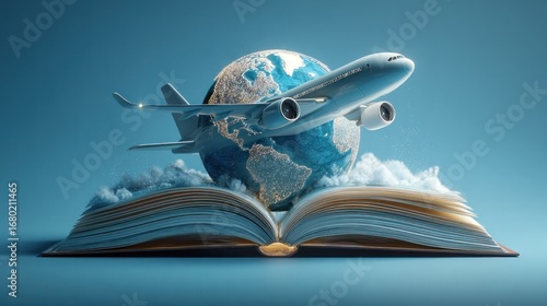 A plane flies over a book and earth. The earth and the plane are centered on the open book, and the book is placed in the middle of the image.